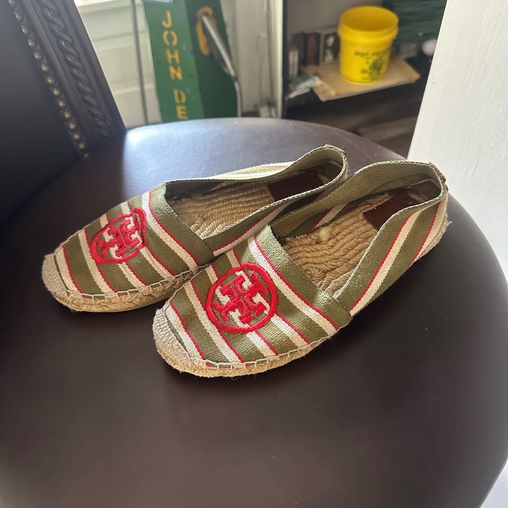 Tory Burch Striped Espadrilles with Red Logo Size 8